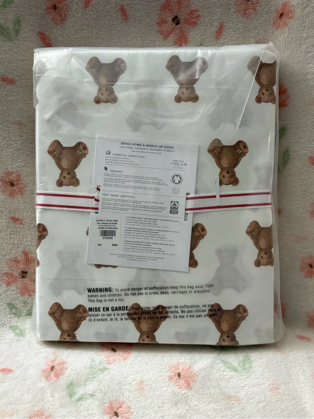 NWT Pottery Barn Kids Teddy Bear Holiday Organic Twin Sheet Set - White/Brown